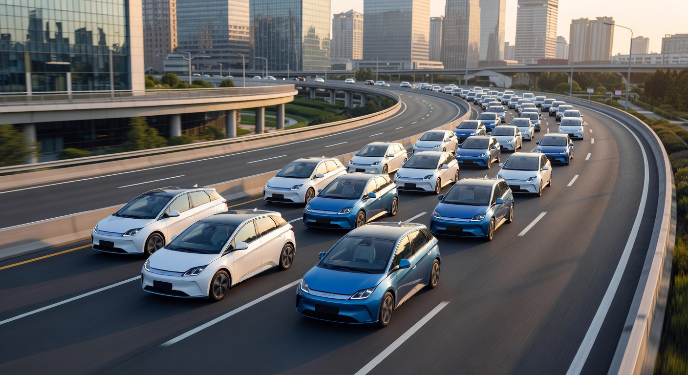 Fleet of more than 30 BYD Dolphin electric vehicles driving in formation on urban highway