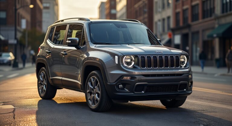 Nova geração do Jeep Renegade com design mais quadrado e tecnologia híbrida em ambiente urbano