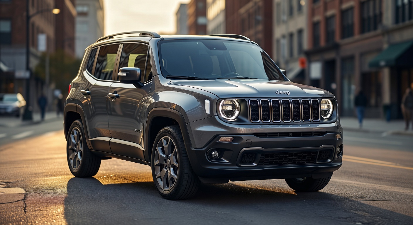 Nova geração do Jeep Renegade com design mais quadrado e tecnologia híbrida em ambiente urbano
