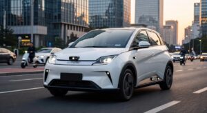 BYD Dolphin Mini electric vehicle displaying autonomous driving features on a Chinese city street