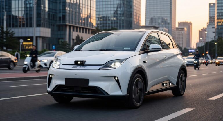 BYD Dolphin Mini electric vehicle displaying autonomous driving features on a Chinese city street