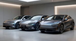 Three modern hybrid vehicles displayed side by side representing different hybrid technology categories including super hybrid, ultra hybrid and conventional hybrid cars