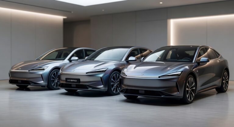 Three modern hybrid vehicles displayed side by side representing different hybrid technology categories including super hybrid, ultra hybrid and conventional hybrid cars
