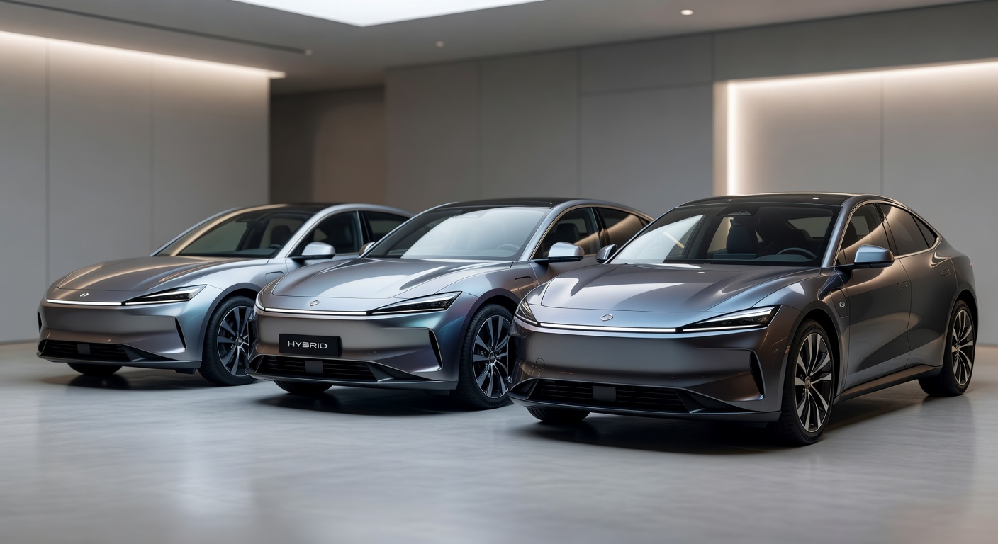 Three modern hybrid vehicles displayed side by side representing different hybrid technology categories including super hybrid, ultra hybrid and conventional hybrid cars