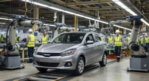 Carro compacto popular sendo fabricado em linha de montagem industrial moderna
