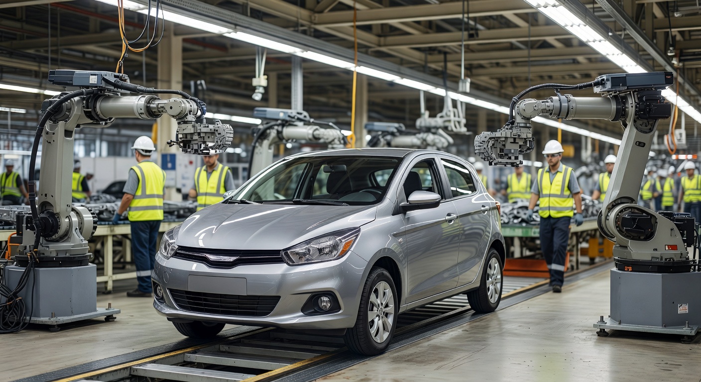 Carro compacto popular sendo fabricado em linha de montagem industrial moderna