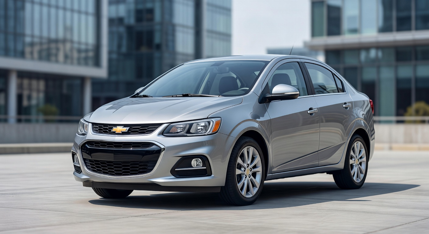 Chevrolet Sonic compact sedan in silver color shown from front three-quarter angle in professional automotive photography