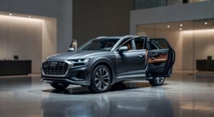 Audi Q9 luxury SUV with automatic opening doors in elegant showroom setting