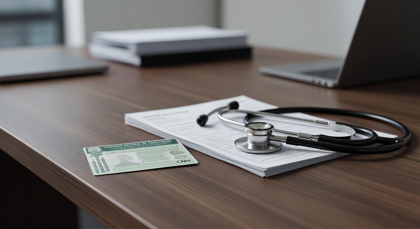 Carteira Nacional de Habilitação (CNH) ao lado de formulários de exames médicos e equipamento médico sobre mesa, representando o processo de renovação com novos requisitos