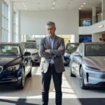 Driver contemplating decision between traditional and electric vehicles in car dealership showroom