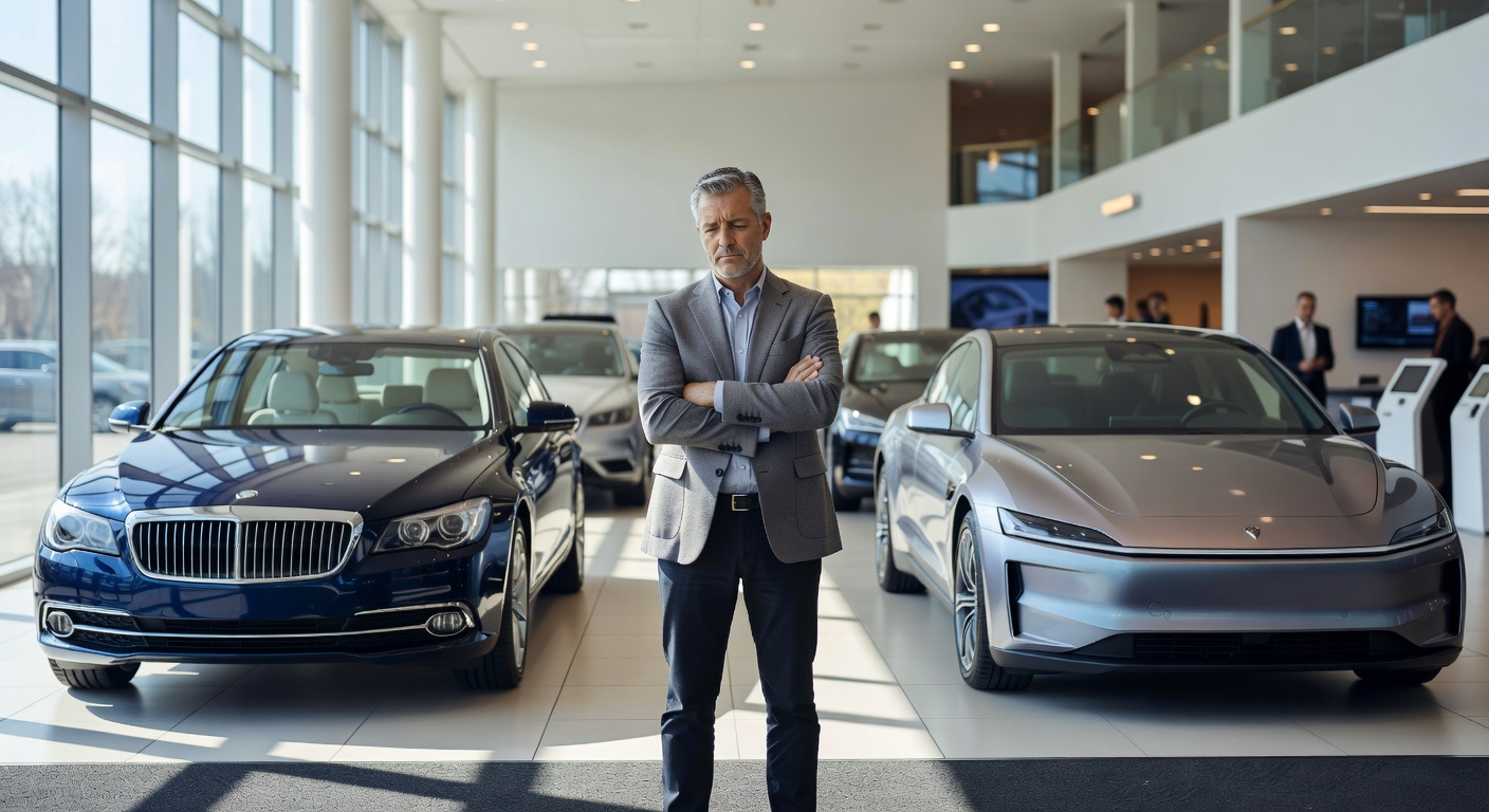 Driver contemplating decision between traditional and electric vehicles in car dealership showroom