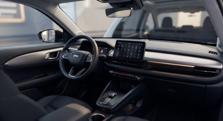 Interior moderno e refinado do Jeep Avenger mostrando painel de instrumentos, console central e acabamentos premium