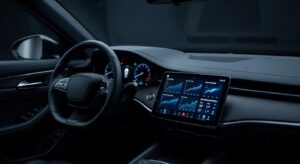 Car dashboard with digital displays showing data collection technology, representing automotive privacy concerns