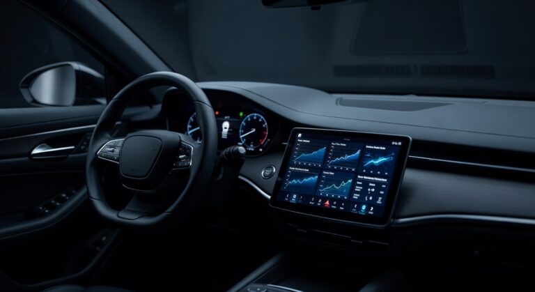 Car dashboard with digital displays showing data collection technology, representing automotive privacy concerns