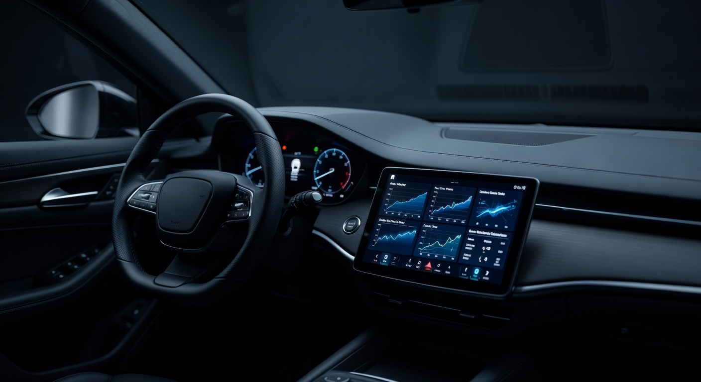Car dashboard with digital displays showing data collection technology, representing automotive privacy concerns