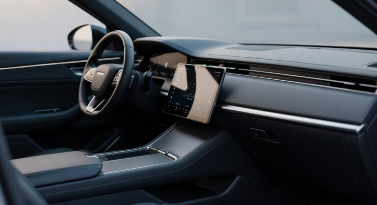 Modern car dashboard interior with large touchscreen infotainment display showing Android Auto interface