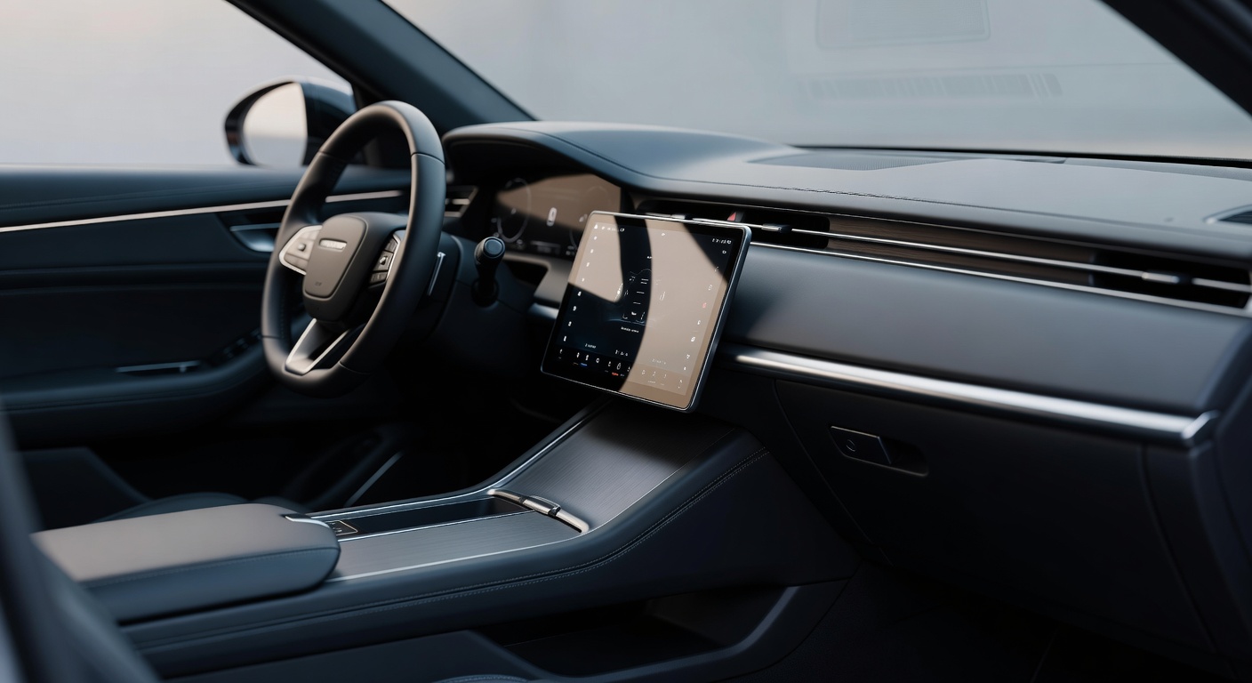 Modern car dashboard interior with large touchscreen infotainment display showing Android Auto interface