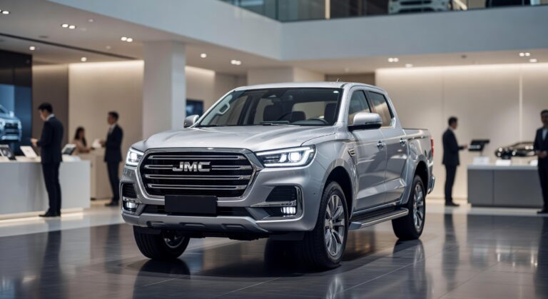 Veículo JMC chinês moderno em showroom de concessionária representando nova parceria do Grupo Gandini