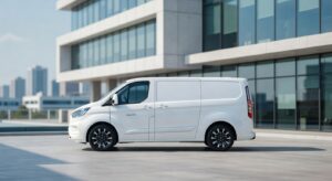 Ford Transit City elétrica estacionada em ambiente urbano brasileiro moderno