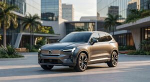Volvo EX60 luxury electric SUV in metallic gray, front three-quarter view in modern urban setting