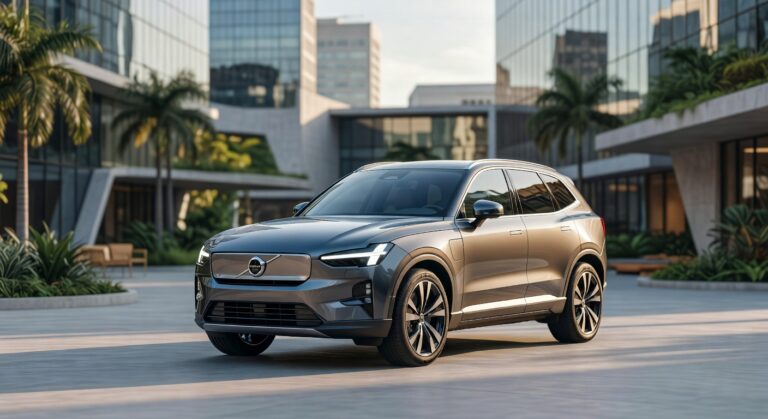 Volvo EX60 luxury electric SUV in metallic gray, front three-quarter view in modern urban setting