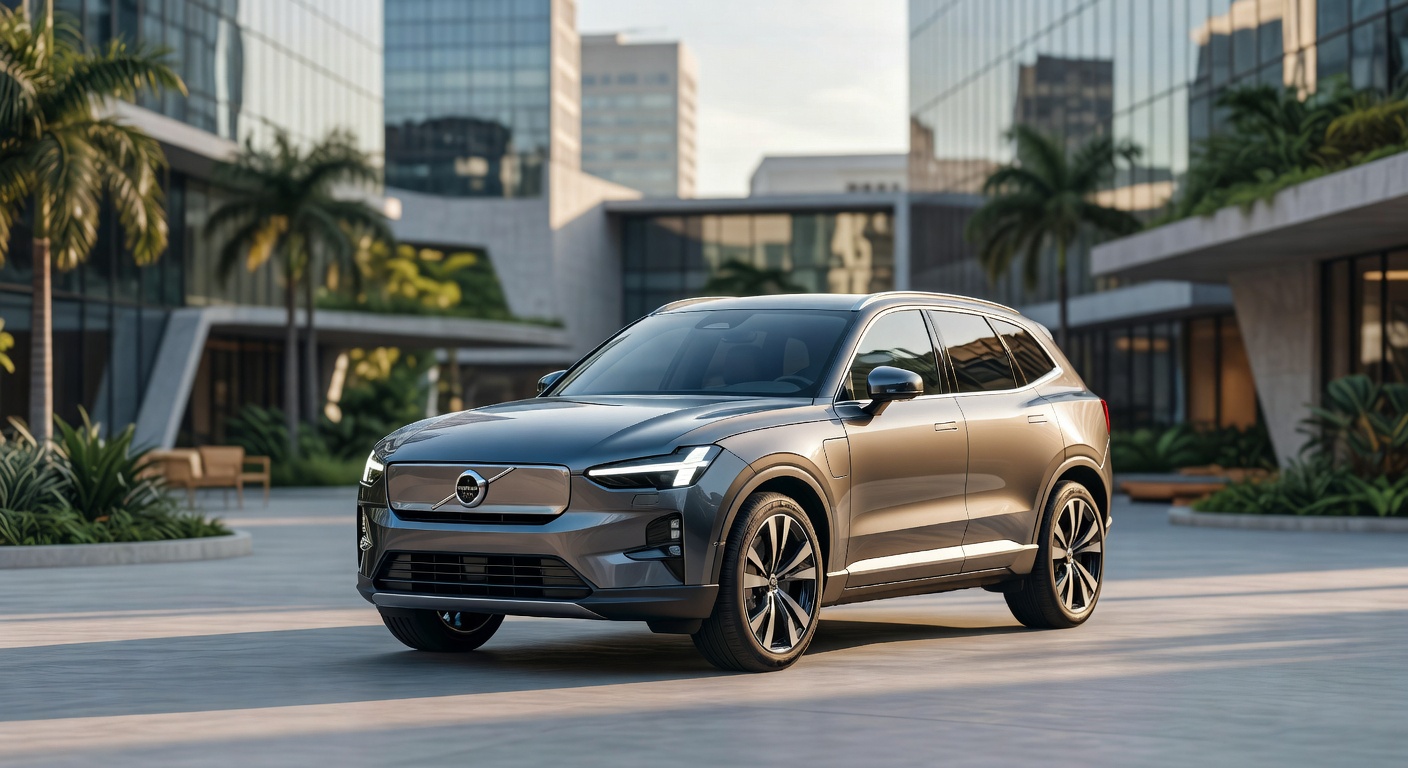 Volvo EX60 luxury electric SUV in metallic gray, front three-quarter view in modern urban setting