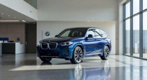 BMW iX3 electric SUV displayed at modern Brazilian dealership showroom
