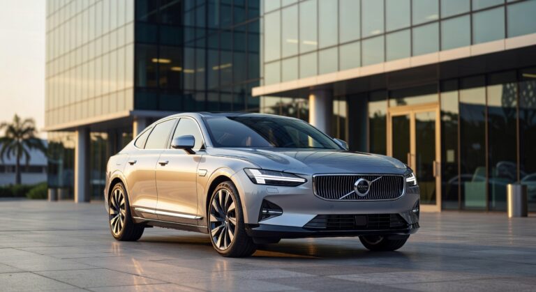 Volvo ES90 sedan elétrico em frente a edifício corporativo moderno no Brasil