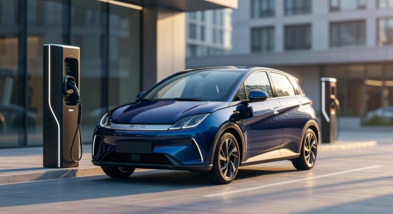 BYD Dolphin plug-in hybrid electric vehicle showcased in professional automotive photography setting