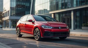 Volkswagen ID. Polo GTI elétrico em vermelho, vista frontal três quartos, design esportivo com grade GTI e rodas de liga leve