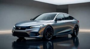 Futuristic Honda Civic concept car with sleek aerodynamic design displayed in professional studio lighting