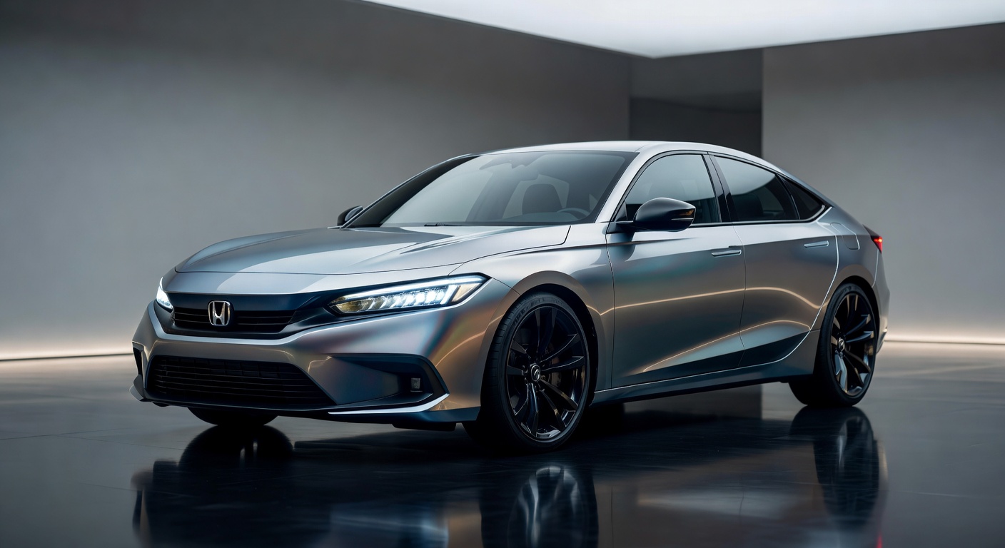 Futuristic Honda Civic concept car with sleek aerodynamic design displayed in professional studio lighting
