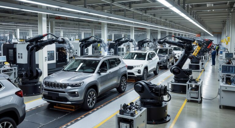 Modern SUV vehicles on automotive assembly line in Chinese Dongfeng manufacturing facility