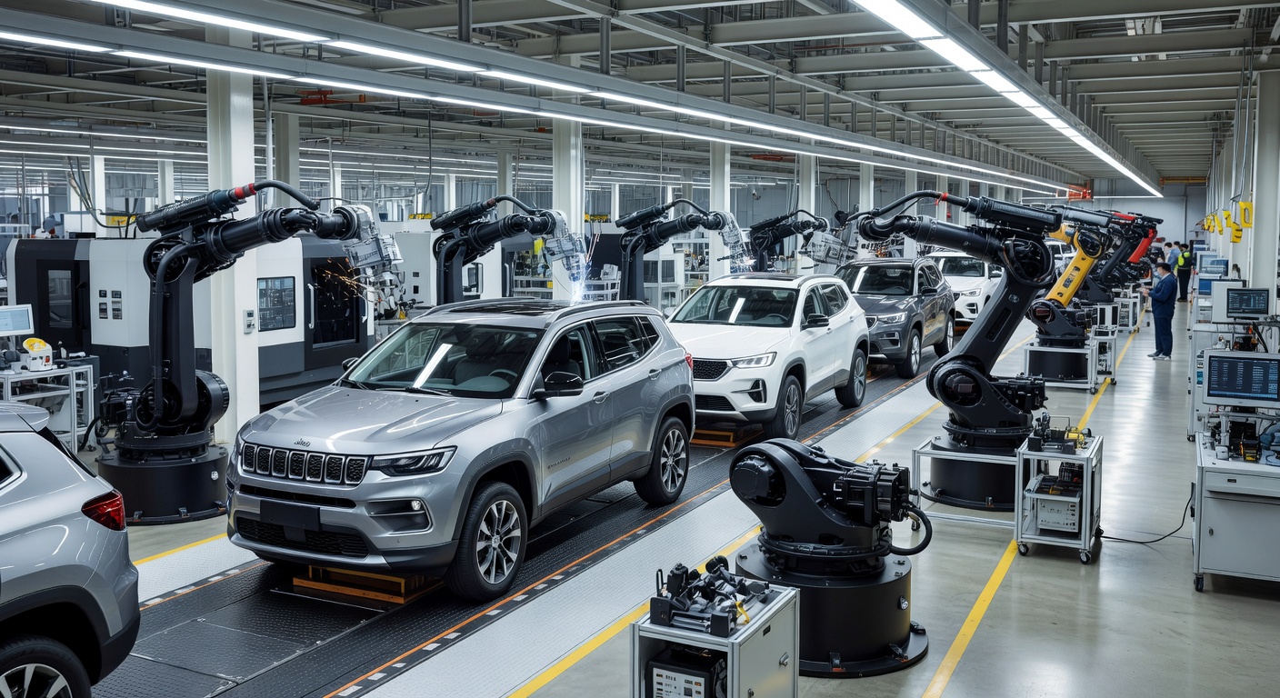 Modern SUV vehicles on automotive assembly line in Chinese Dongfeng manufacturing facility