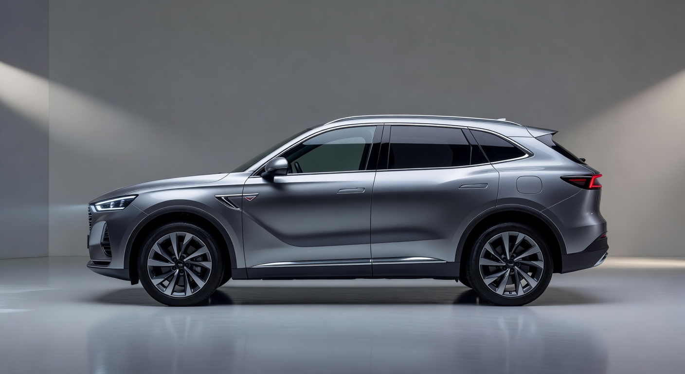 Omoda & Jaecoo hybrid SUV in modern showroom with dramatic lighting showcasing sleek design and hybrid technology details