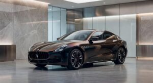 Maserati electric vehicle showcasing modern luxury design in contemporary automotive showroom