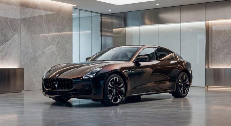 Maserati electric vehicle showcasing modern luxury design in contemporary automotive showroom