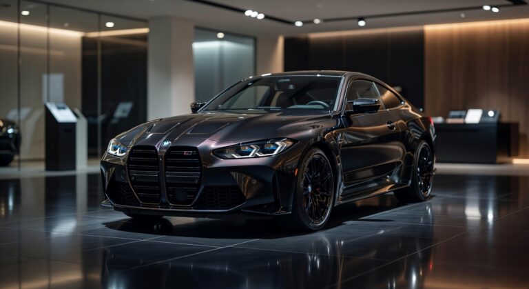 BMW M4 Competition em ângulo frontal três quartos em showroom premium com iluminação profissional