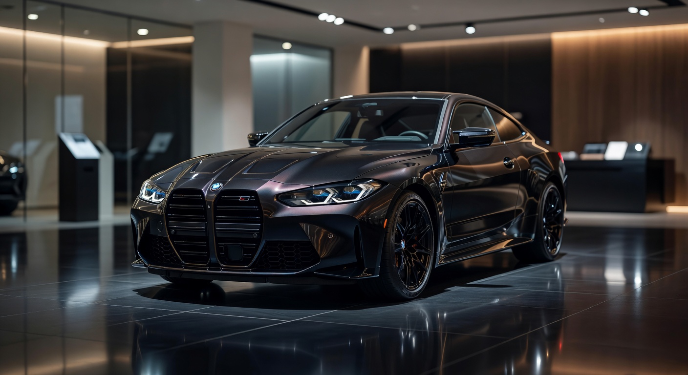 BMW M4 Competition em ângulo frontal três quartos em showroom premium com iluminação profissional