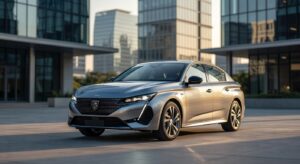 Peugeot 308 híbrido moderno em ângulo frontal três quartos, destacando design sofisticado e faróis LED em ambiente urbano elegante