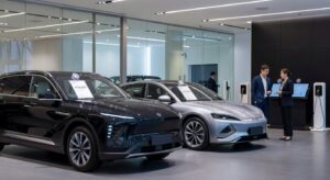 Carros elétricos chineses modernos em showroom com etiquetas de preço, representando o aumento dos valores no mercado automotivo