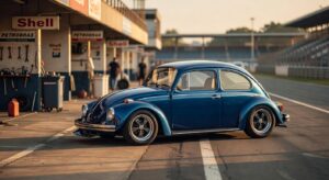 VW Super Fuscão 1600 S vintage Beetle in metallic blue with racing modifications parked on classic racetrack at sunset
