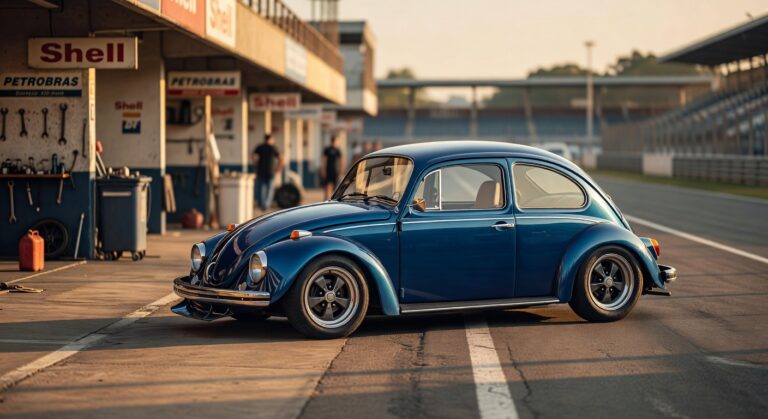 VW Super Fuscão 1600 S vintage Beetle in metallic blue with racing modifications parked on classic racetrack at sunset