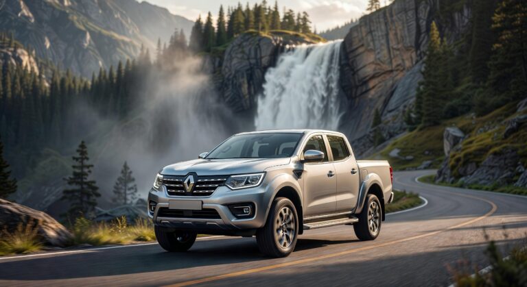 Renault Niagara pickup truck em estrada com paisagem de cachoeira ao fundo