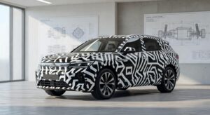 VW Tukan prototype vehicle covered in camouflage wrap inside a modern automotive design studio