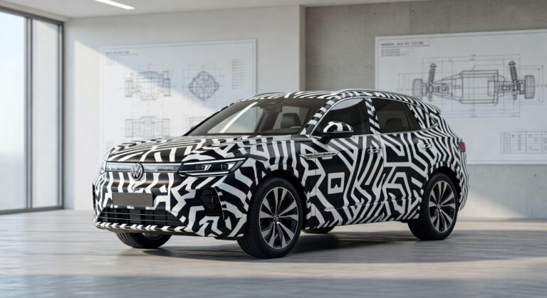 VW Tukan prototype vehicle covered in camouflage wrap inside a modern automotive design studio