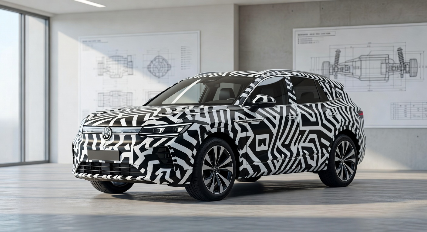 VW Tukan prototype vehicle covered in camouflage wrap inside a modern automotive design studio