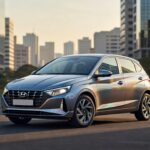 Hyundai i20 2027 em cenário urbano brasileiro, vista frontal três quartos em fotografia automotiva profissional