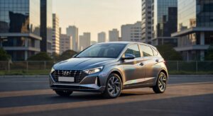 Hyundai i20 2027 em cenário urbano brasileiro, vista frontal três quartos em fotografia automotiva profissional