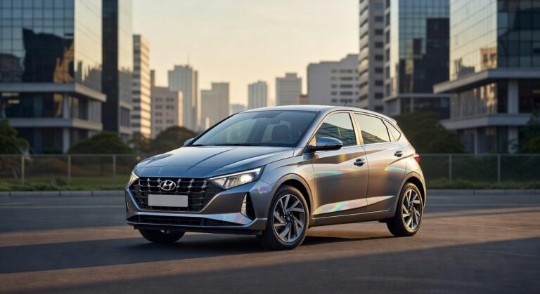 Hyundai i20 2027 em cenário urbano brasileiro, vista frontal três quartos em fotografia automotiva profissional